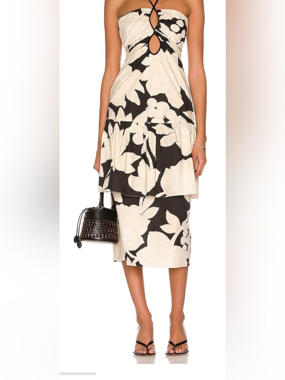 Johanna Ortiz Black and Cream Floral Midi Dress